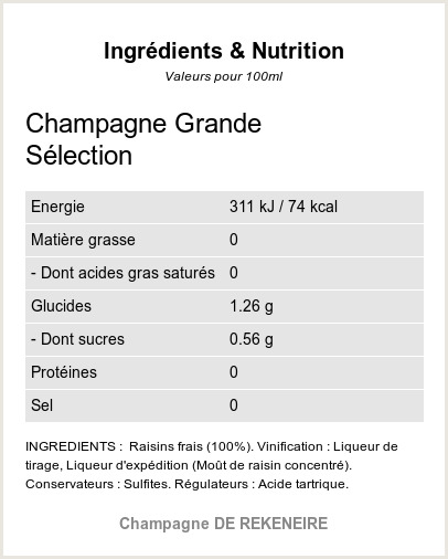 Champagne Grande Slection - Ingrdients et Nutrition - QR-VIN.com